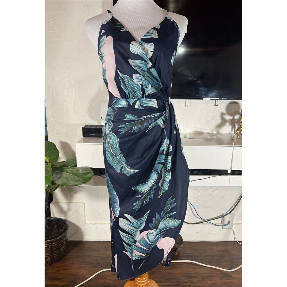 Women Summer Floral Dress Wrap Modo Spaghetti Straps Blue Green Sz Small